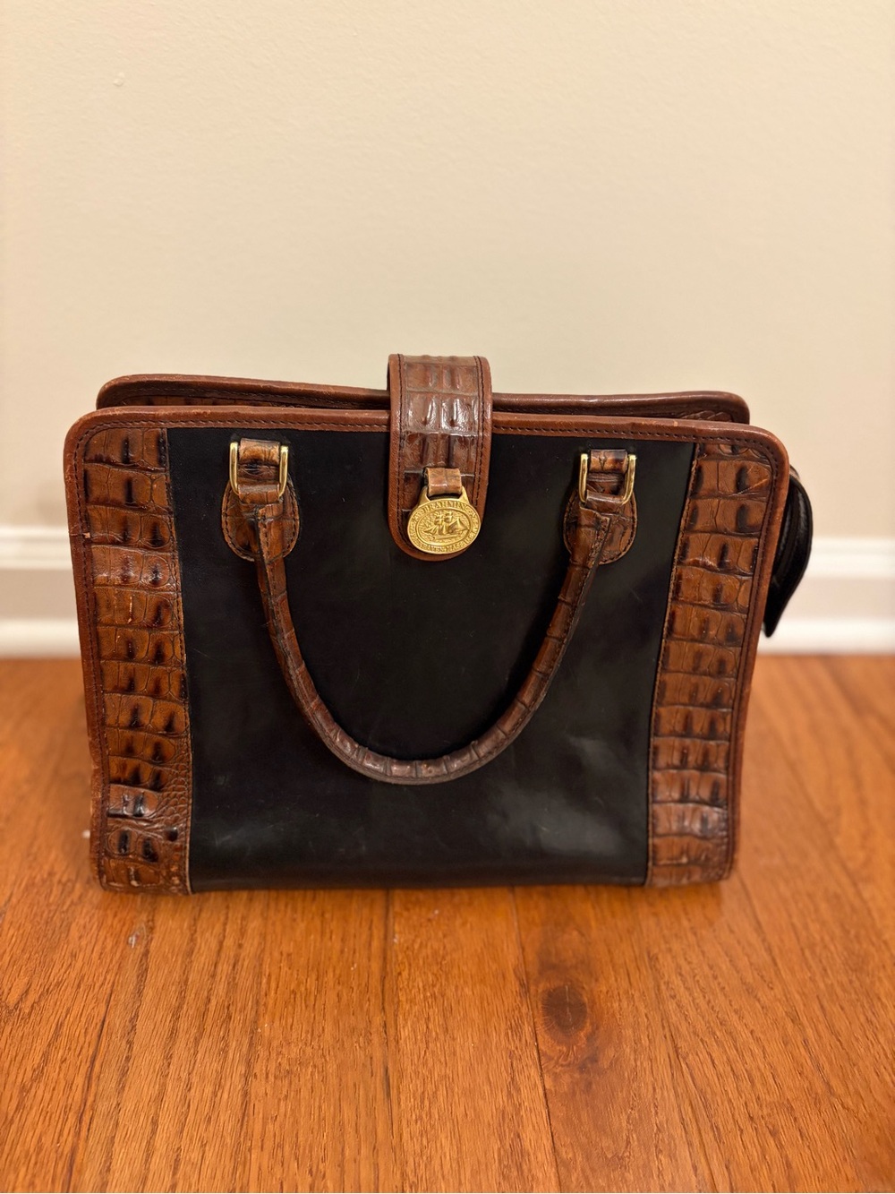 Vintage Brahmin | Brown and Black Croc-Trim Leather Satchel Bag